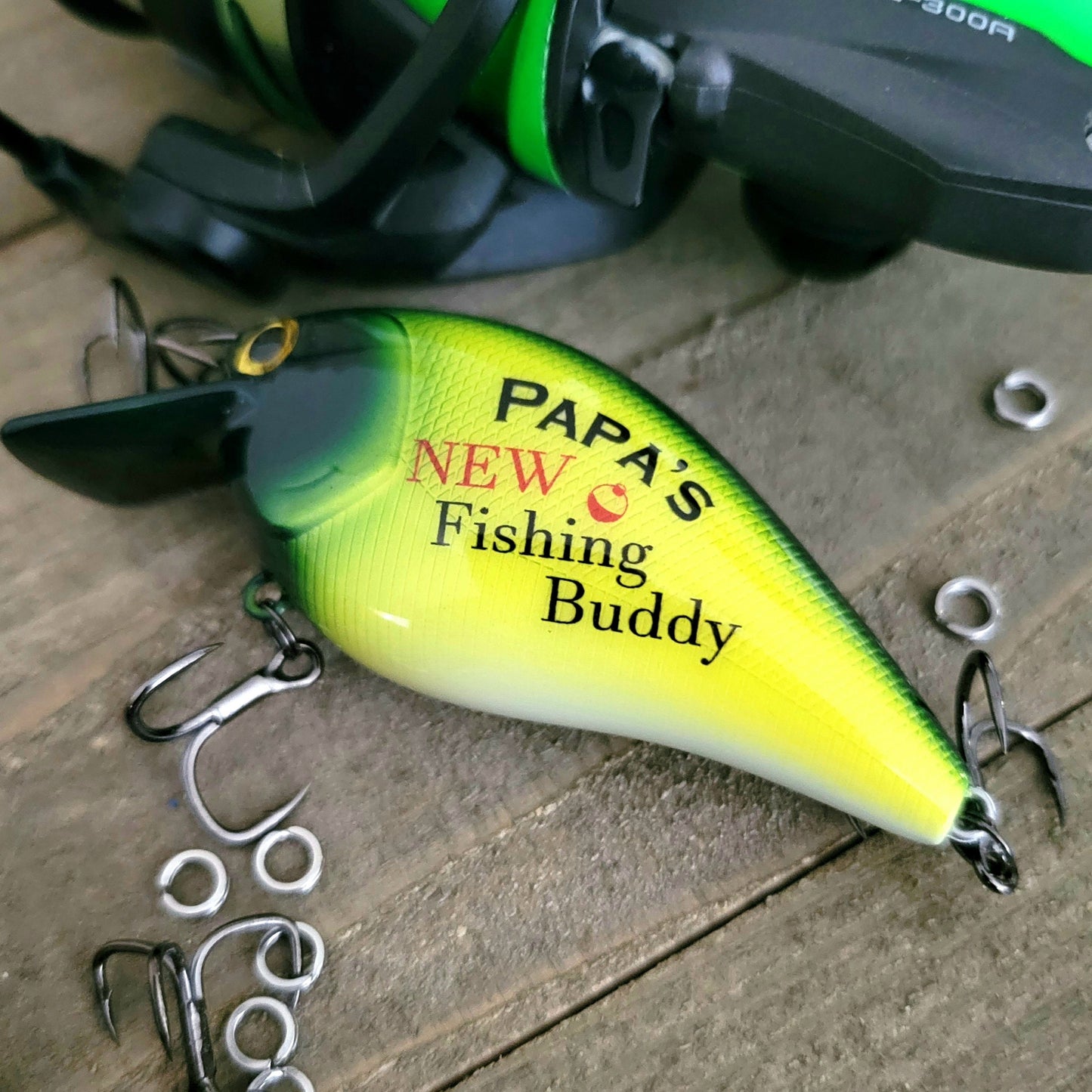 Image of personalized fishing lure: new fishing buddy, baby announcement for papa