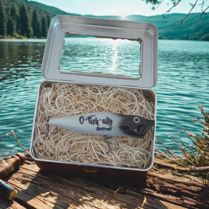 Retirement logo fishing Lure in a gift tin