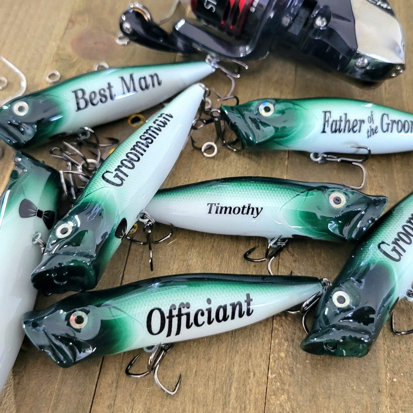Image of personalized wedding fishing lures | custom groomsmen gifts | hand-painted topwater lure