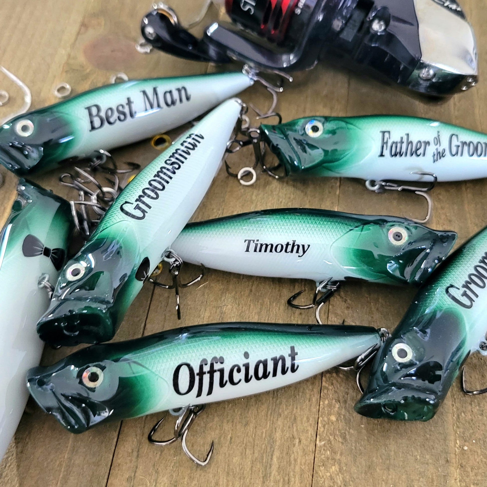 Image of personalized wedding fishing lures | custom groomsmen gifts | hand-painted topwater lure